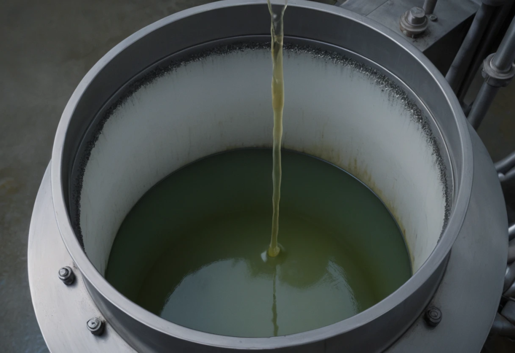 Gagalnya produksi emulsi minyak dan air di tangki industri, terlihat pemisahan fase antara minyak di atas dan air di bawah tanpa emulsifier