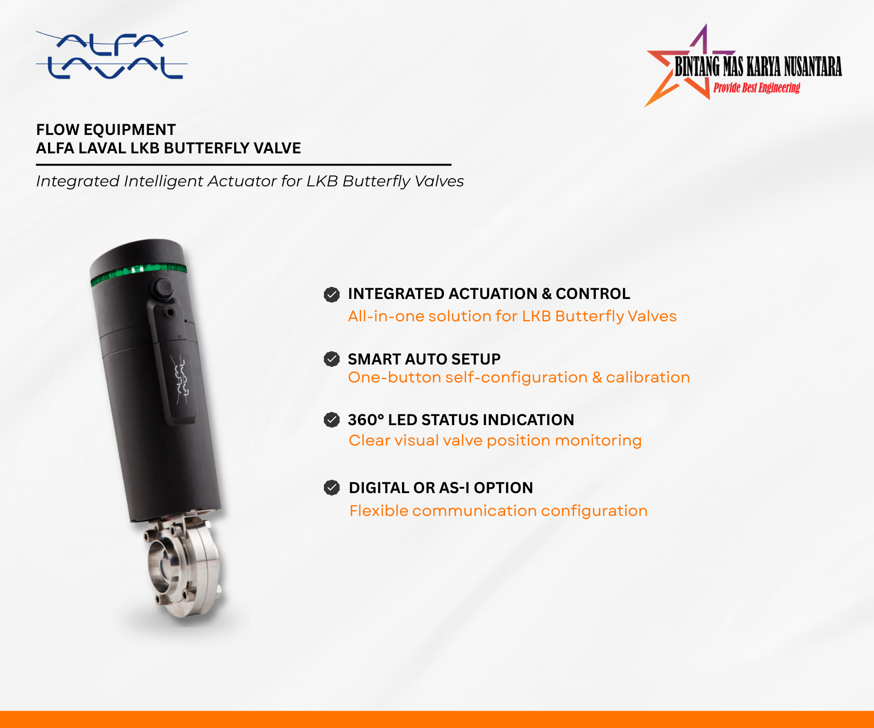 Alfa Laval Unique Control actuator integrated with LKB butterfly valve for automated hygienic flow control