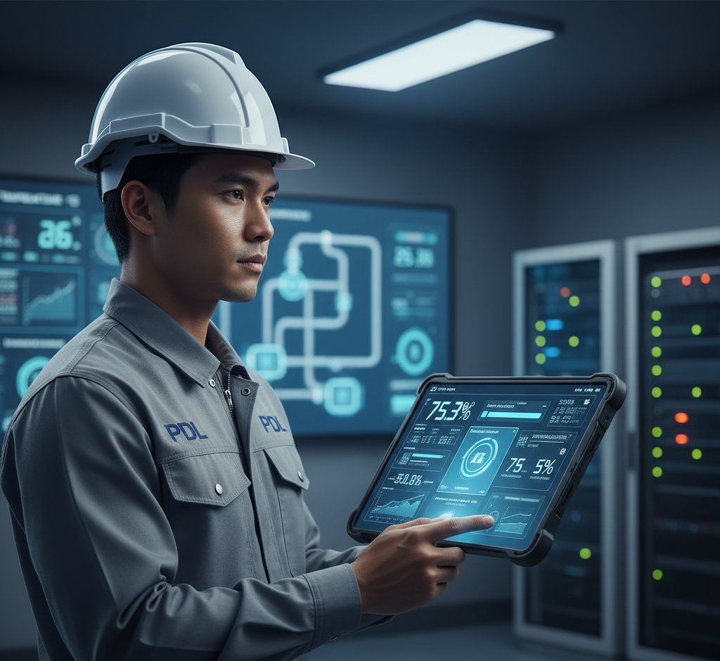 IoT Monitoring untuk Sistem CIP Otomatis Engineer memantau dashboard IoT yang menampilkan data proses pembersihan CIP secara real-time.