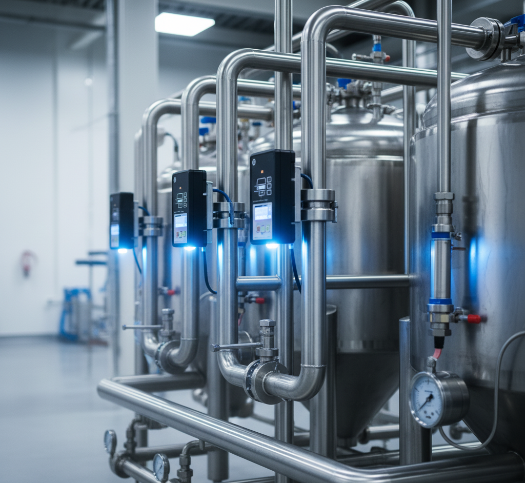 Sensor Otomatis pada Sistem CIP Modern Pipa stainless steel dengan sensor suhu dan tekanan aktif pada sistem Clean-In-Place otomatis.