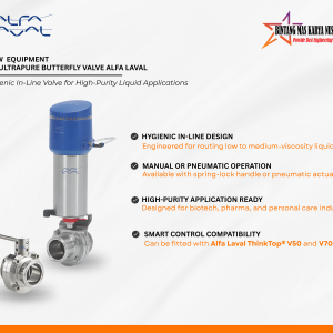 Alfa Laval LKB UltraPure stainless steel butterfly valve installed in hygienic piping system for pharmaceutical and biotechnology applications