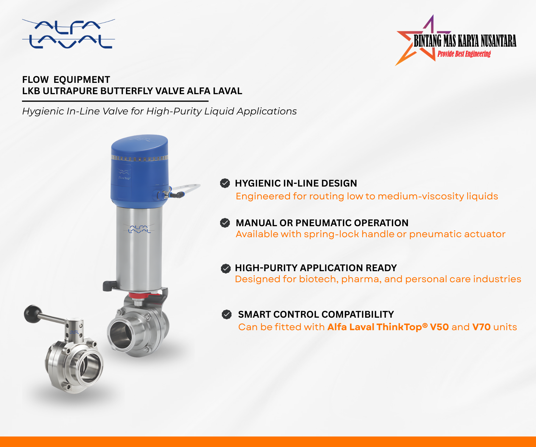 Alfa Laval LKB UltraPure stainless steel butterfly valve installed in hygienic piping system for pharmaceutical and biotechnology applications