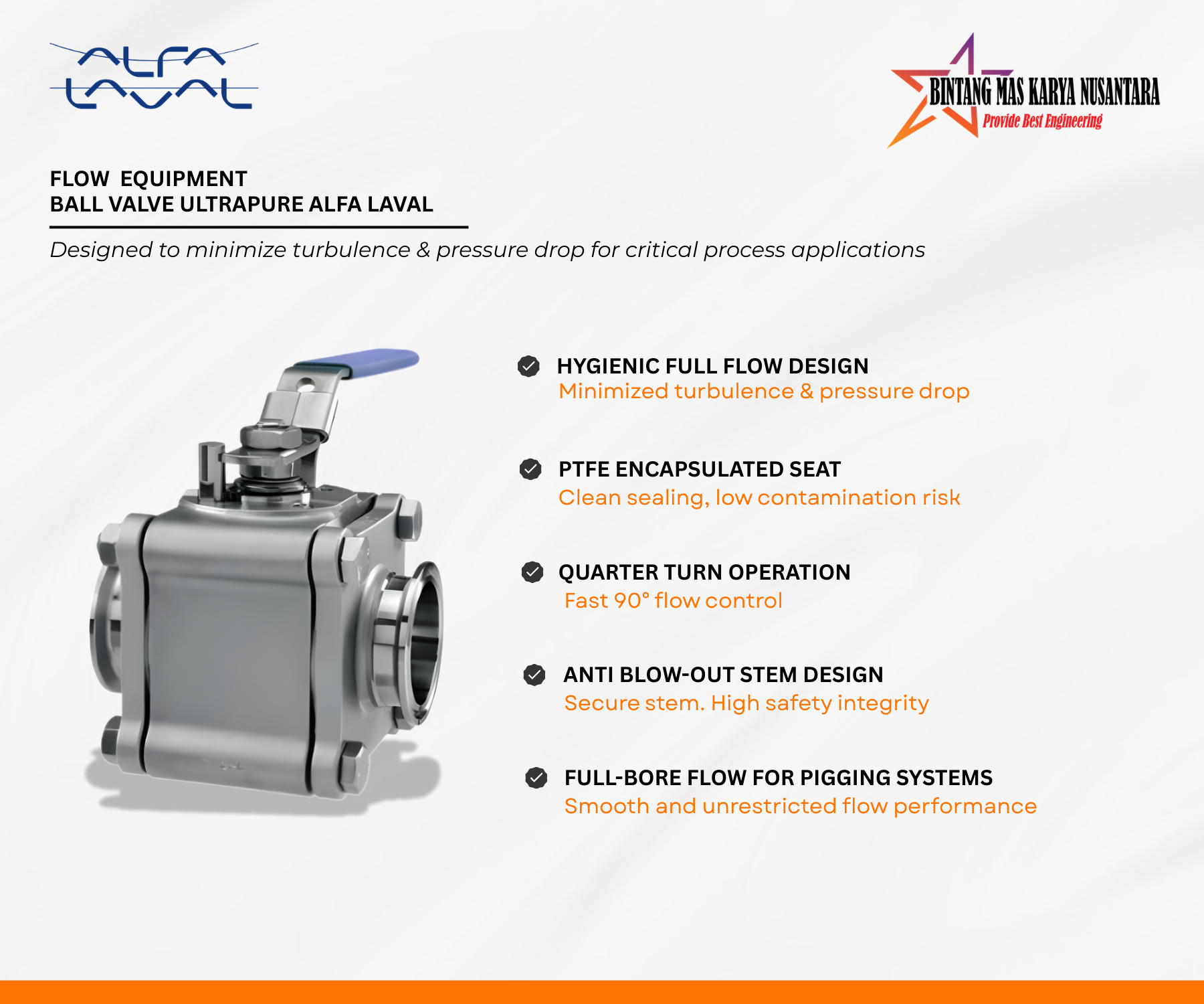 UltraPure Ball Valve for Hygienic Piping Systems UltraPure Ball Valve stainless steel 316L with full flow body design for hygienic piping systems in food, beverage, pharmaceutical, and chemical industries
