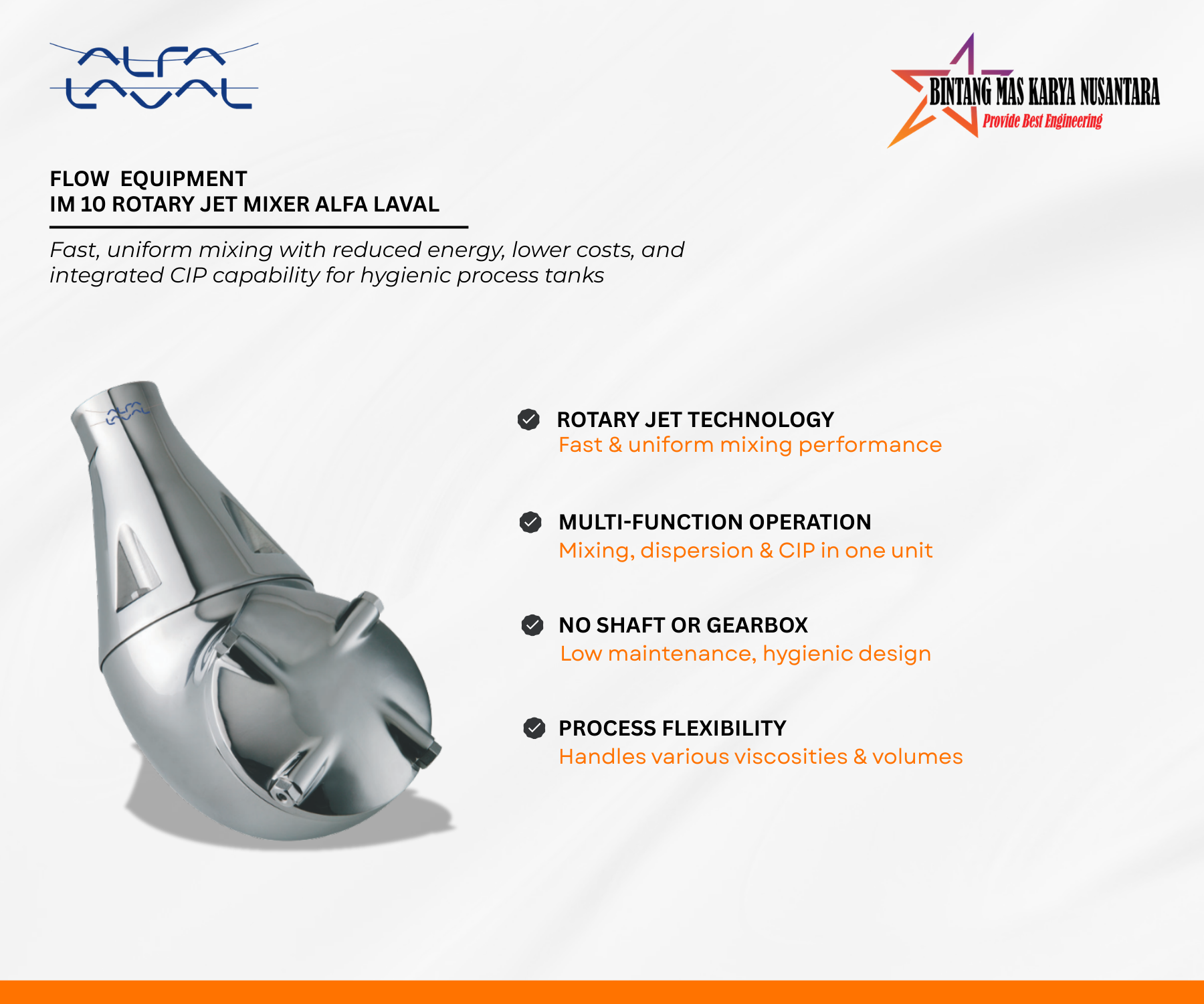 Alfa Laval IM 10 Rotary Jet Mixer for Hygienic Tank Mixing Alfa Laval IM 10 Rotary Jet Mixer for hygienic tank mixing, gas dispersion, powder blending, and CIP applications in process vessels