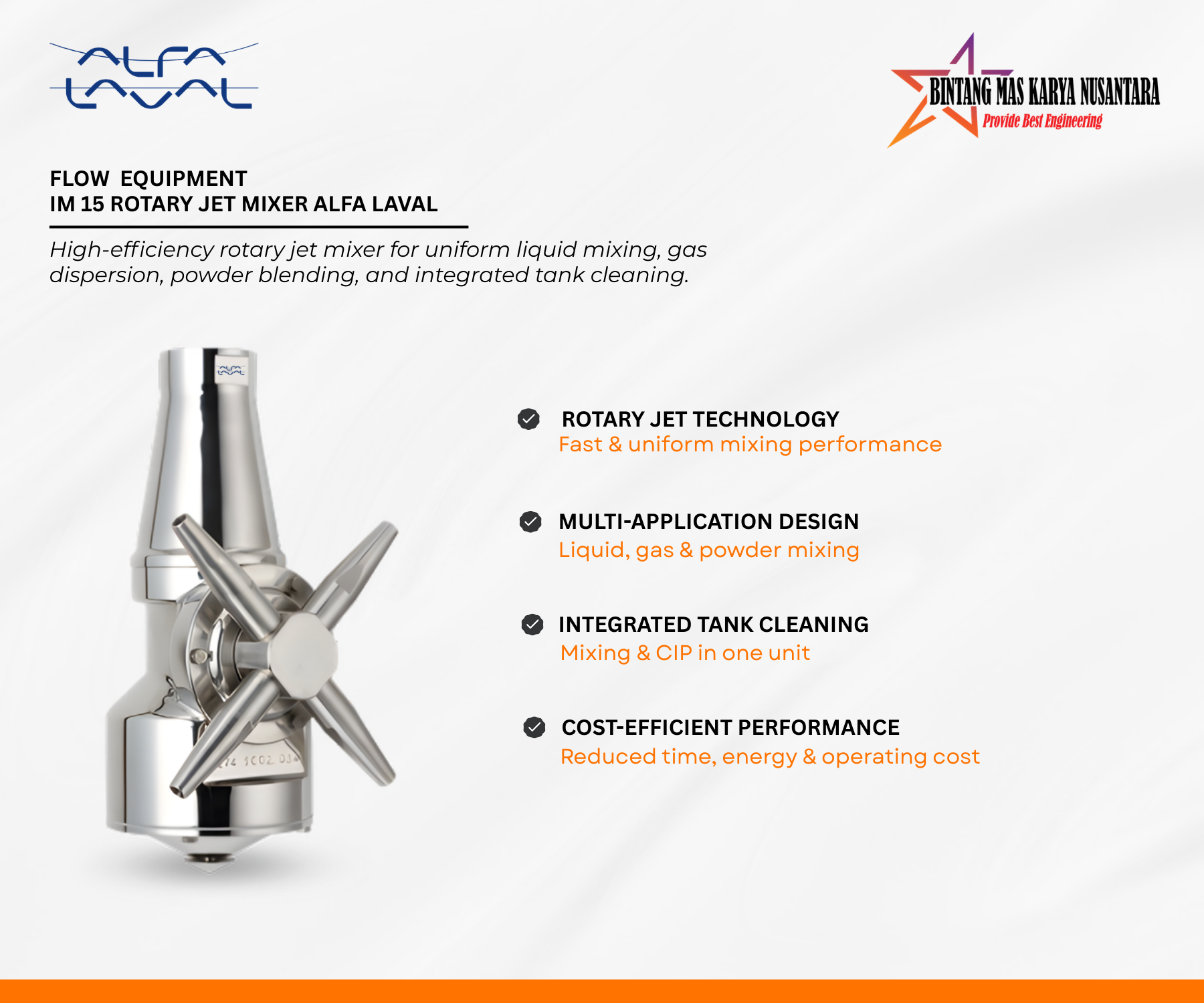 Alfa Laval IM 15 Rotary Jet Mixer for Hygienic Tank Mixing and Cleaning Alfa Laval IM 15 Rotary Jet Mixer for liquid mixing, gas dispersion, powder blending, and tank cleaning in hygienic process vessels