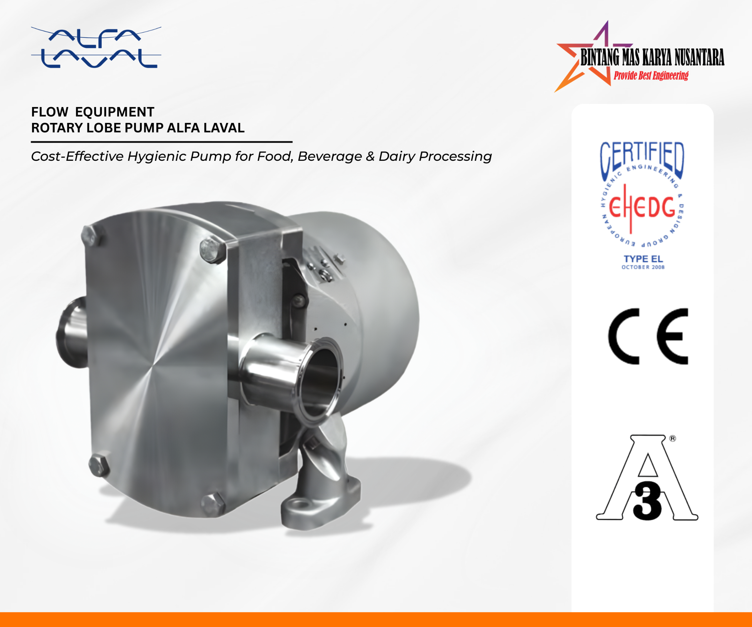 Rotary Lobe Pump Alfa Laval OptiLobe, stainless steel, hygienic design for food and beverage applications.