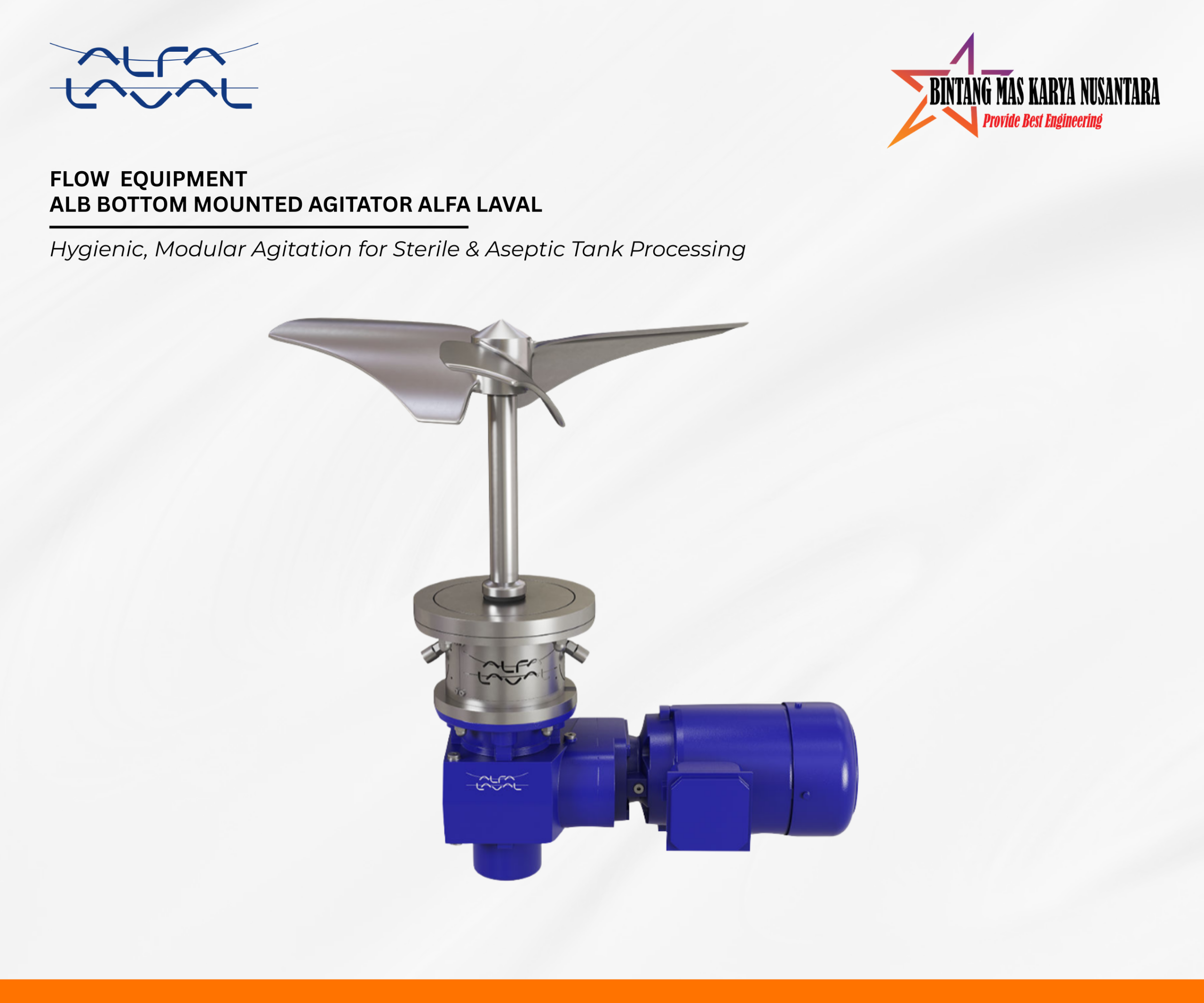 “Alfa Laval ALB hygienic bottom-mounted agitator for tank mixing and blending in food, beverage, and pharmaceutical industries”