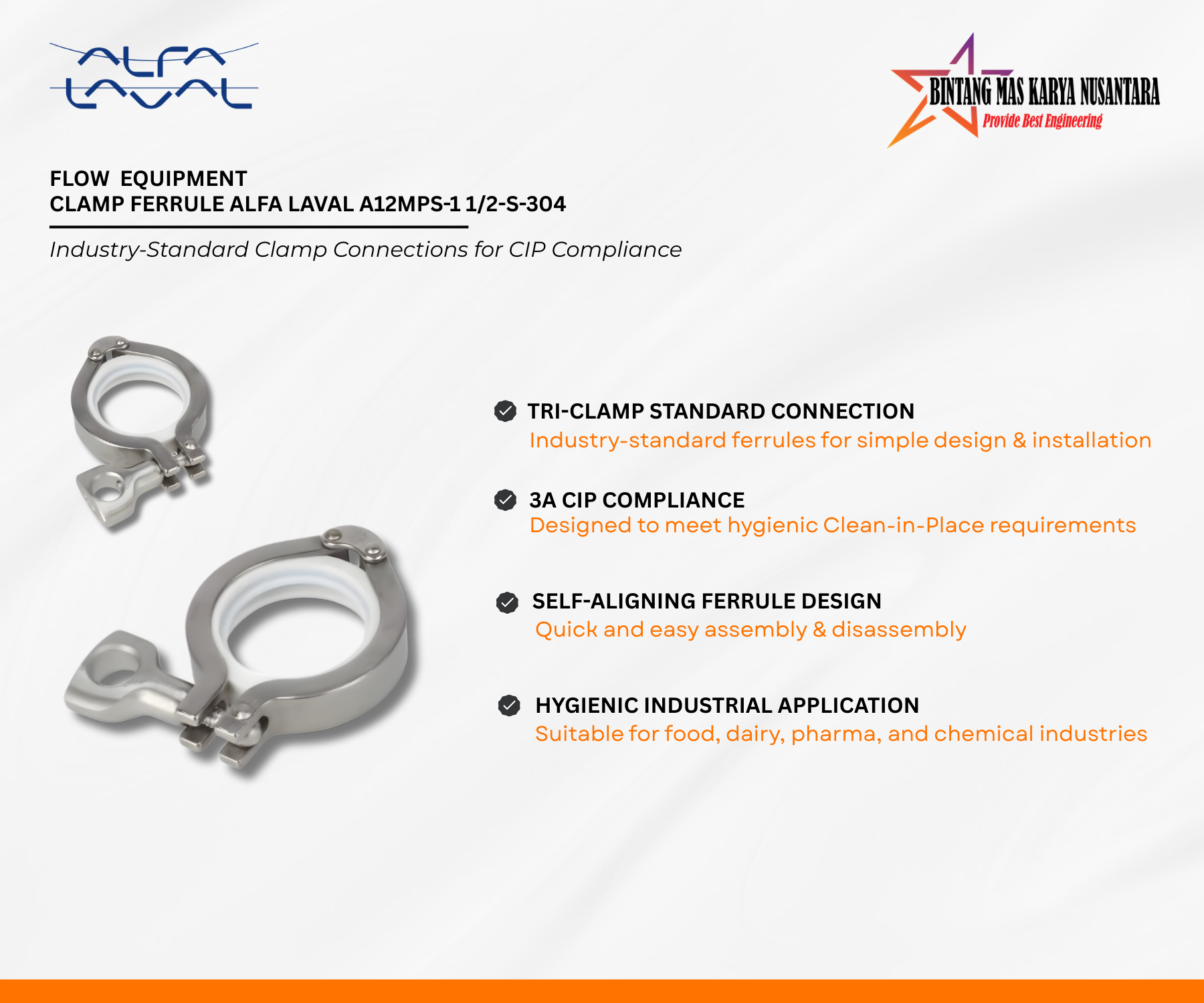 Hygienic Clamp Ferrule & Tri-Clamp Ferrule Alfa Laval Fittings for CIP Applications Stainless steel clamp ferrule and tri-clamp fittings with gasket and clamp for hygienic piping connections in CIP systems