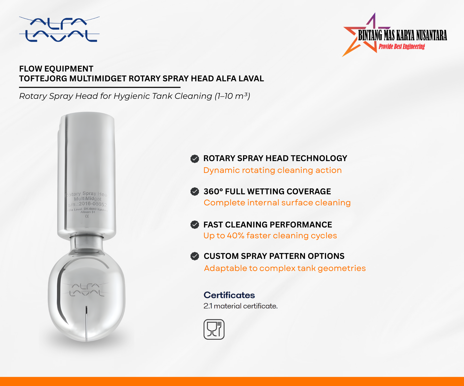 Alfa Laval MultiMidget rotary spray head for hygienic tank cleaning with 360 degree full wetting coverage
