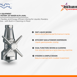 Alfa Laval IM 20 Rotary Jet Mixer installed in a stainless steel tank, demonstrating liquid, gas, and powder mixing with integrated Cleaning-in-Place