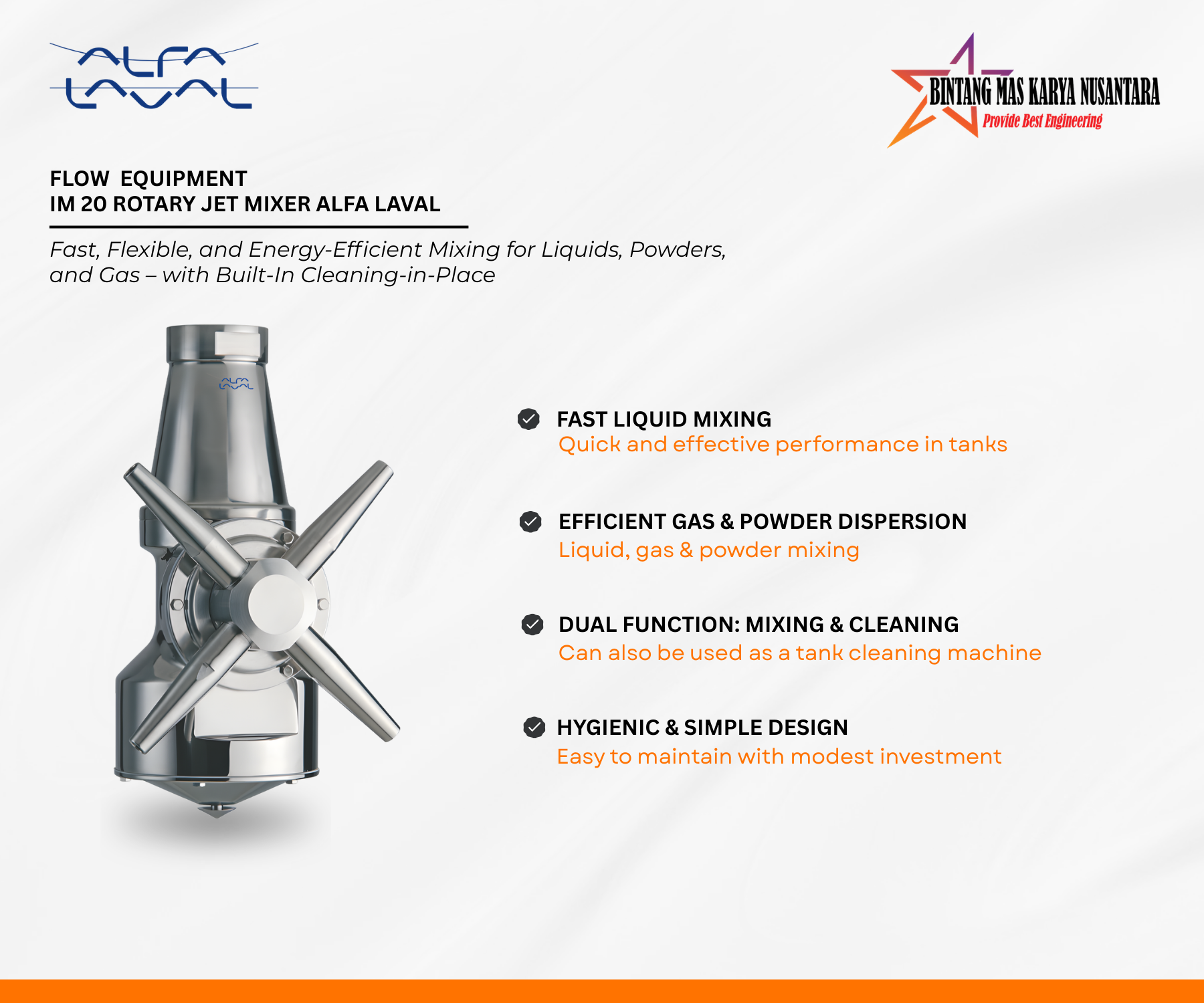 Alfa Laval IM 20 Rotary Jet Mixer – Efficient Mixing & CIP Solution Alfa Laval IM 20 Rotary Jet Mixer installed in a stainless steel tank, demonstrating liquid, gas, and powder mixing with integrated Cleaning-in-Place