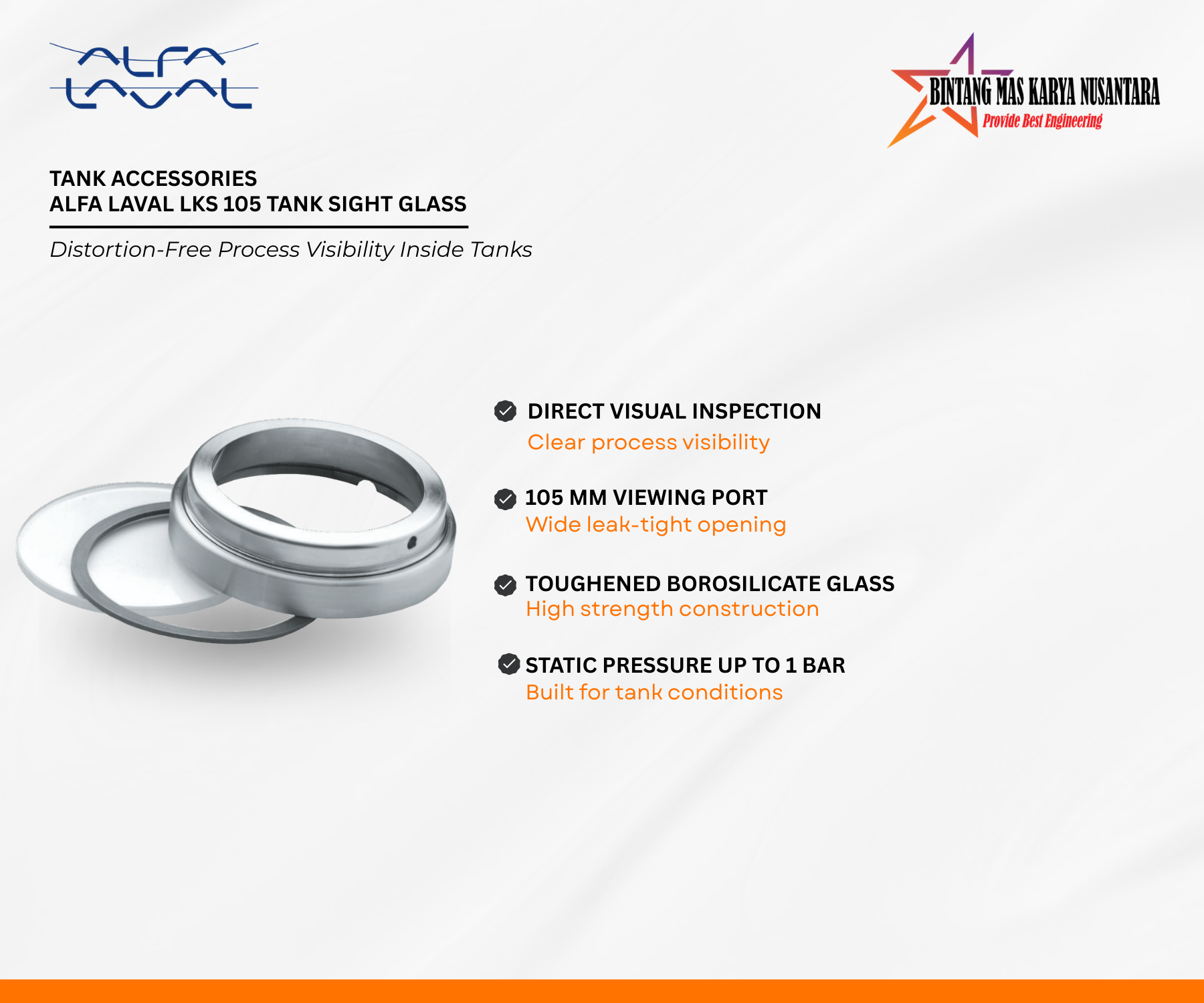 LKS 105 Tank Sight Glass Alfa Laval – kaca inspeksi higienis stainless steel untuk tangki industri makanan, minuman, farmasi, dan kimia.