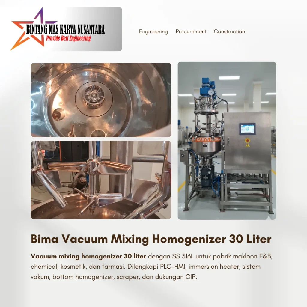Bima Vacuum Mixing Homogenizer 30 Liter stainless steel 316L dengan PLC, HMI, pemanas immersion, bottom homogenizer, dan sistem vakum untuk pabrik makloon F&B, kosmetik, farmasi, dan chemical.