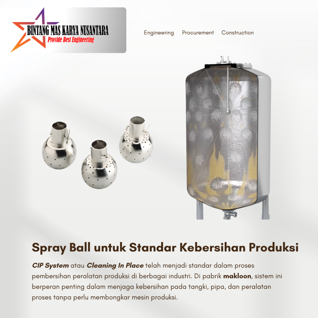 Spray ball sebagai komponen penting dalam CIP System untuk pembersihan tangki dan pipa di pabrik makloon.