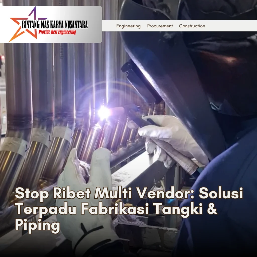 Fabrikasi tangki stainless dan instalasi piping oleh satu vendor dengan proses welding industri untuk solusi terpadu yang lebih efisien