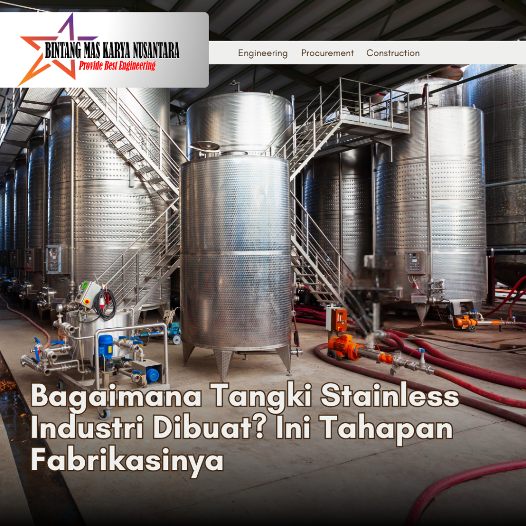 Deretan tangki industri stainless steel dengan tangga akses dan sistem perpipaan di dalam fasilitas produksi