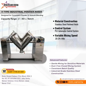 V Type Powder Mixer stainless steel untuk proses industrial powder mixing pada industri food, pharmaceutical, chemical, dan cosmetic dengan desain hygienic dan homogen mixing system.