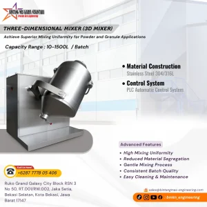 Powder mixer 3D mixer machine made of stainless steel 304/316L with PLC control system for uniform mixing of powder and granule materials in food, pharmaceutical, and chemical industries.