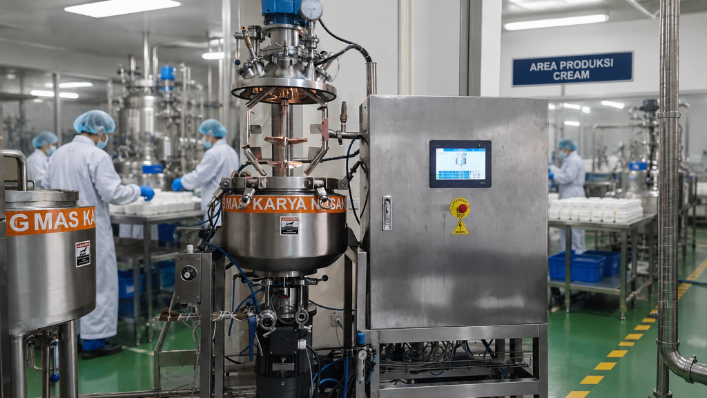 Mesin vacuum homogenizer di area produksi cream industri makloon dengan operator bekerja di belakang mesin untuk proses mixing dan scale up produksi Makloon.