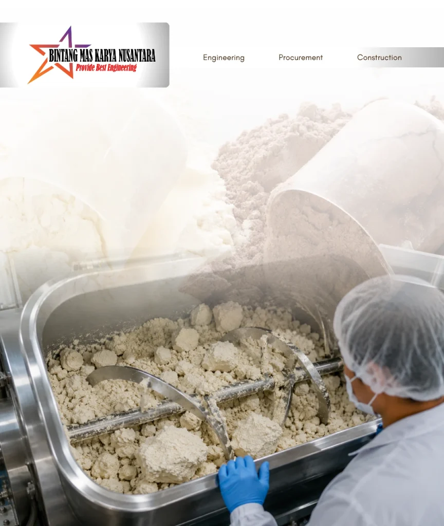 Powder mixer dengan material bubuk yang menggumpal saat proses pencampuran di industri makanan dan farmasi.