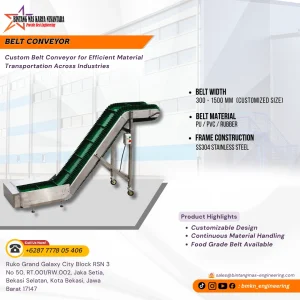 Belt Conveyor dengan desain stainless steel dan cleated belt untuk mendukung proses perpindahan material secara efisien pada area produksi yang higienis.