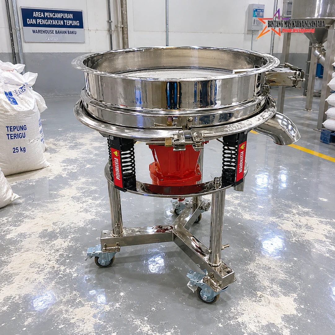 High Frequency Vibrating Screen stainless steel untuk proses screening, klasifikasi, dan filtrasi material powder, granule, serta slurry di industri makanan, farmasi, kosmetik, kimia, dan pertambangan.