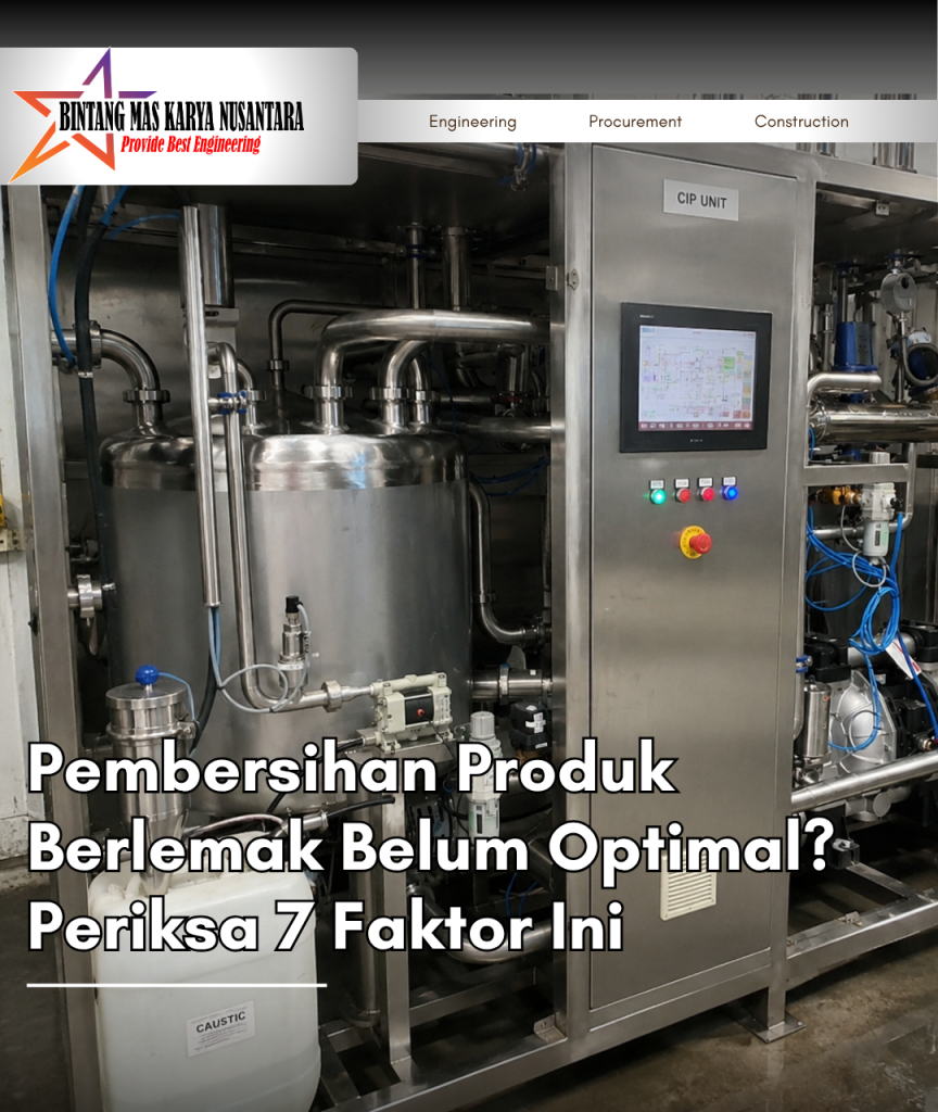 CIP System stainless steel dengan tangki, pompa, dan perpipaan sanitary yang digunakan untuk proses pembersihan otomatis peralatan produksi makanan, minuman, farmasi, dan kosmetik.