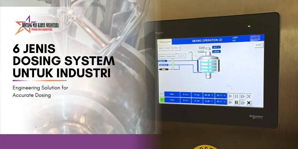 6 Jenis Dosing System Berdasarkan Aplikasinya di Industri untuk proses penambahan material yang akurat menggunakan sistem kontrol PLC dan HMI.