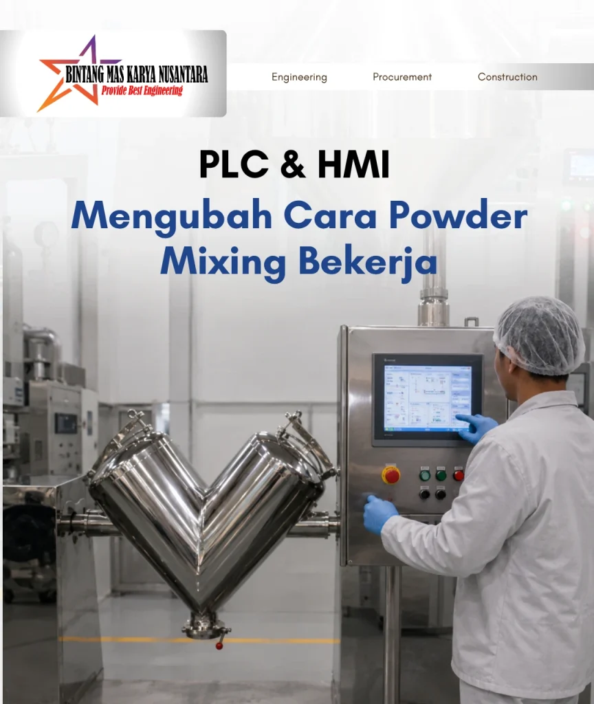 Operator memantau proses powder mixing menggunakan PLC dan HMI pada sistem otomatis di pabrik manufaktur.