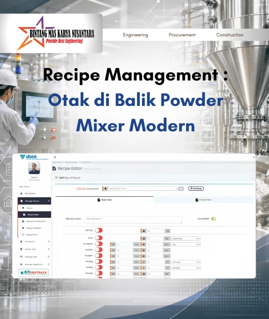 Powder mixer modern yang terintegrasi dengan Recipe Management, PLC, HMI, SCADA, dan instrumentasi untuk mendukung smart production.